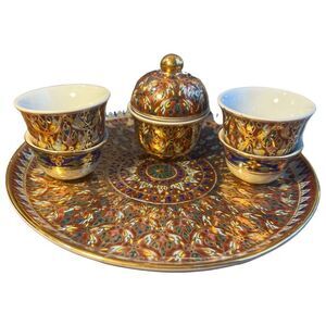 Vintage Thai Benjarong Jar Bowl & Plate Set Hand Painted In Thailand Multicolor